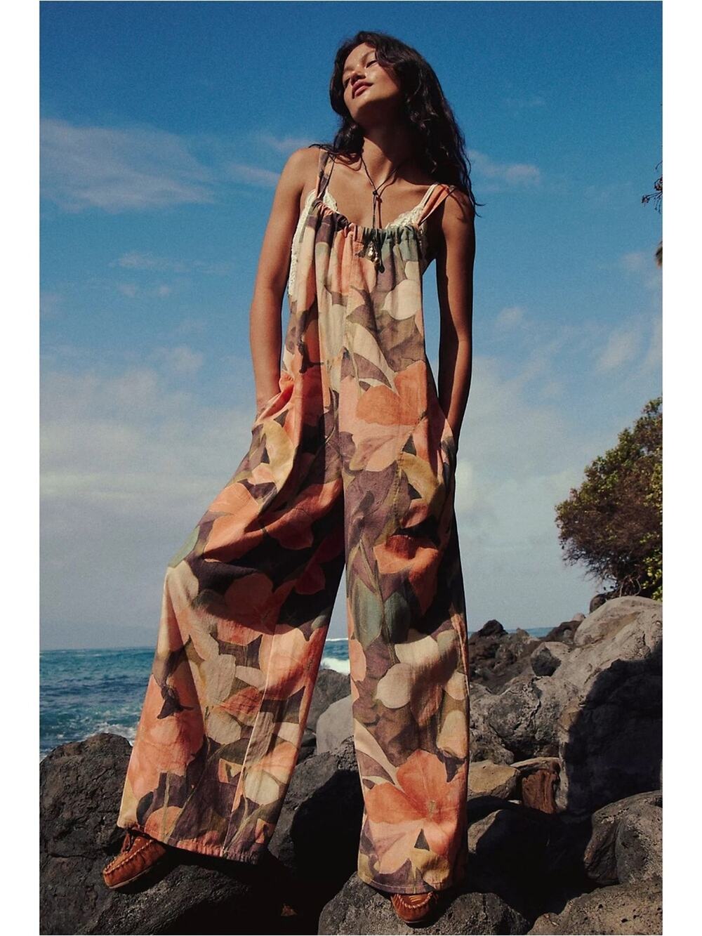 People Bohemian Wide Leg Freebird Printed Jumpsuit Caramel Combo XL NWT